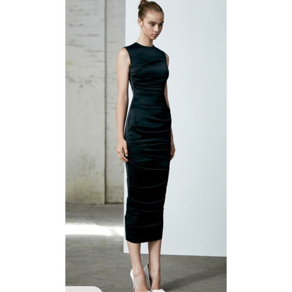 Alex Perry Damon Midi Dress Women's Plus 18 Black Satin Ruched Sleeveless